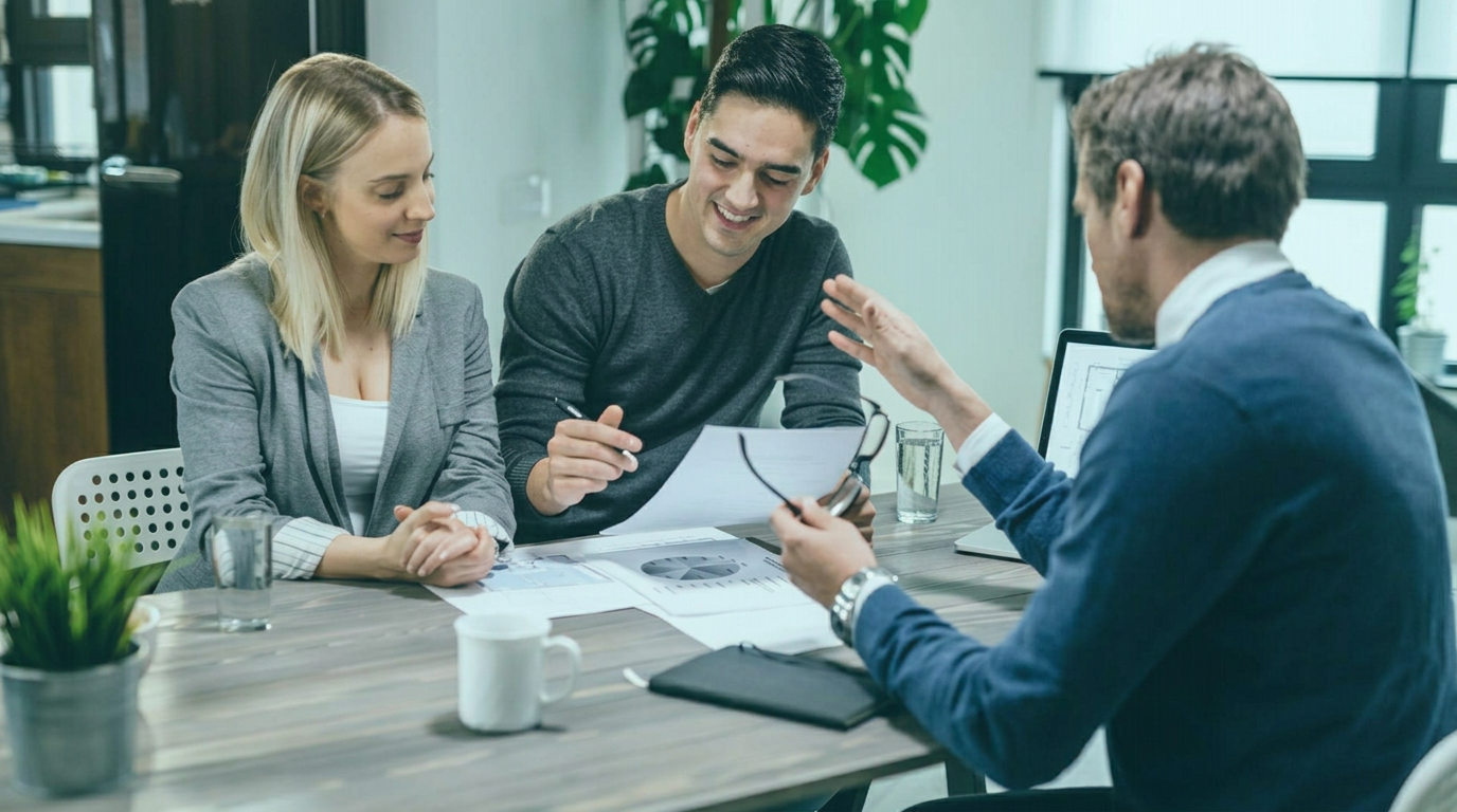 A property advisor presenting investment plans to clients around a laptop